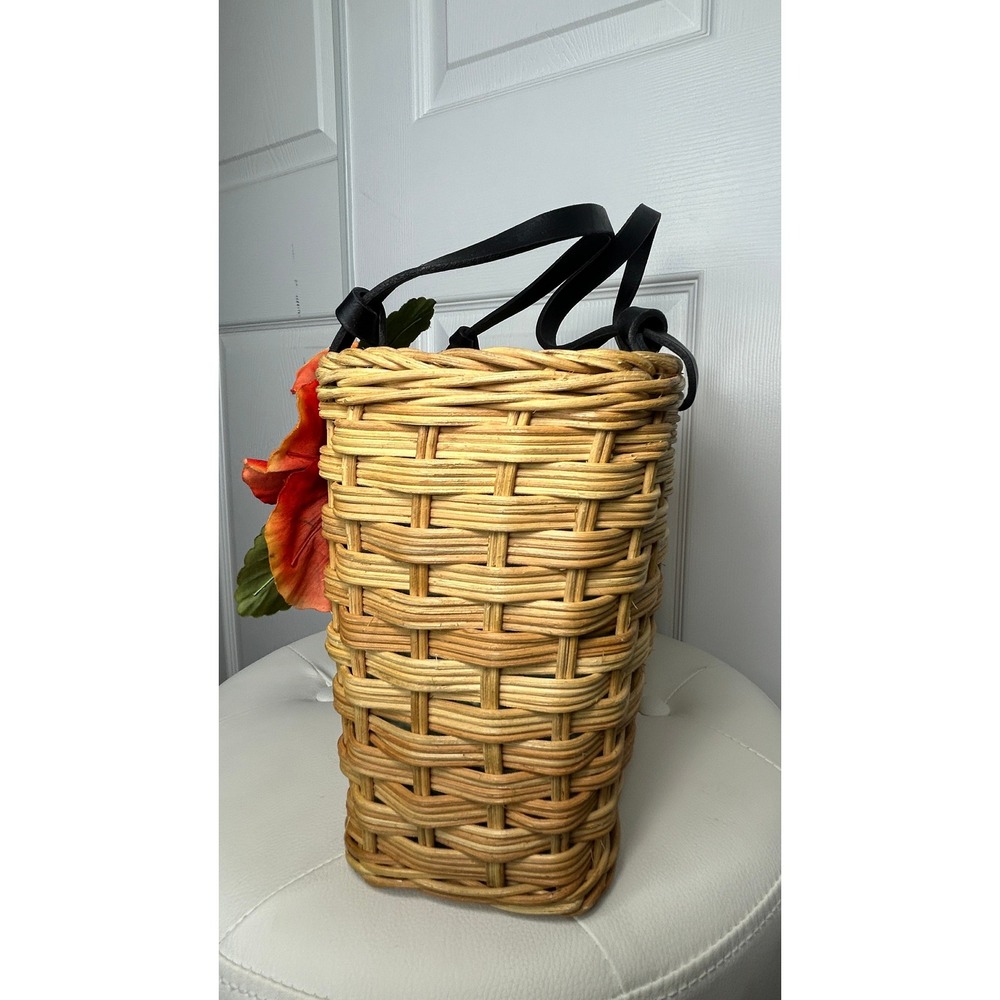 Kate Spade Rare Novelty Wicker Basket Tote Orange Pansy Floral Picnic Bag - Picture 2 of 12